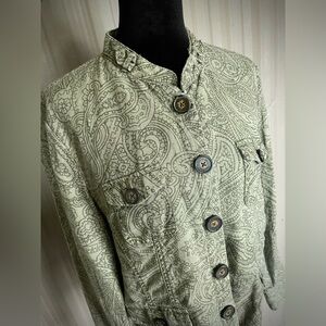 Relativity 100% Linen Utility Jacket Top Shacket Button Military Green Paisley L